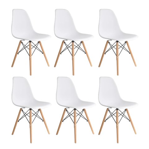 Kit com 6 Cadeira Eames Eiffel Wood Branca para Sala de Jantar