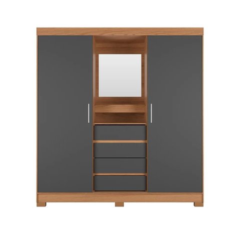 Guarda-roupa Casal com Espelho 2 Portas de Correr 4 Gavetas Finley 184 Cm - Carvalho C/ Grafite