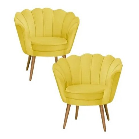 Kit 02 Poltrona Pétala Pés Palito Suede Amarelo - Fina Mobília