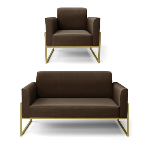 Sofá Namoradeira com Poltrona Base Industrial Alta Dourado Marisa Suede D03 - D’Rossi Marrom