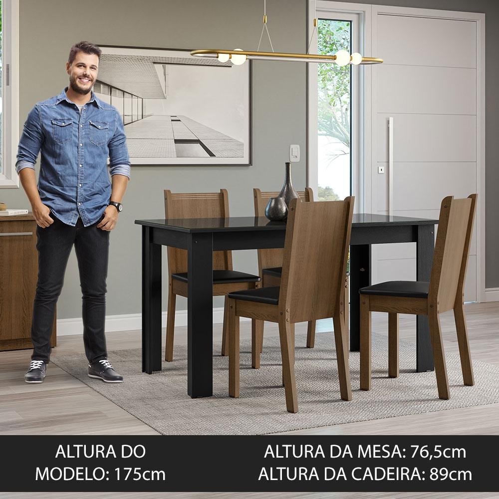 Conjunto Sala de Jantar Mesa Tampo de Vidro 4 Cadeiras Preto/rustic Kiara Madesa - 4