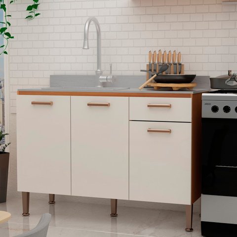 Balcão para Cozinha 100% MDF Essência Bege/Freijó/Off White