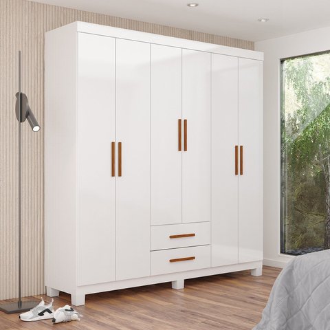Guarda-Roupa 6 Portas 2 Gavetas com Pés Aurora Branco