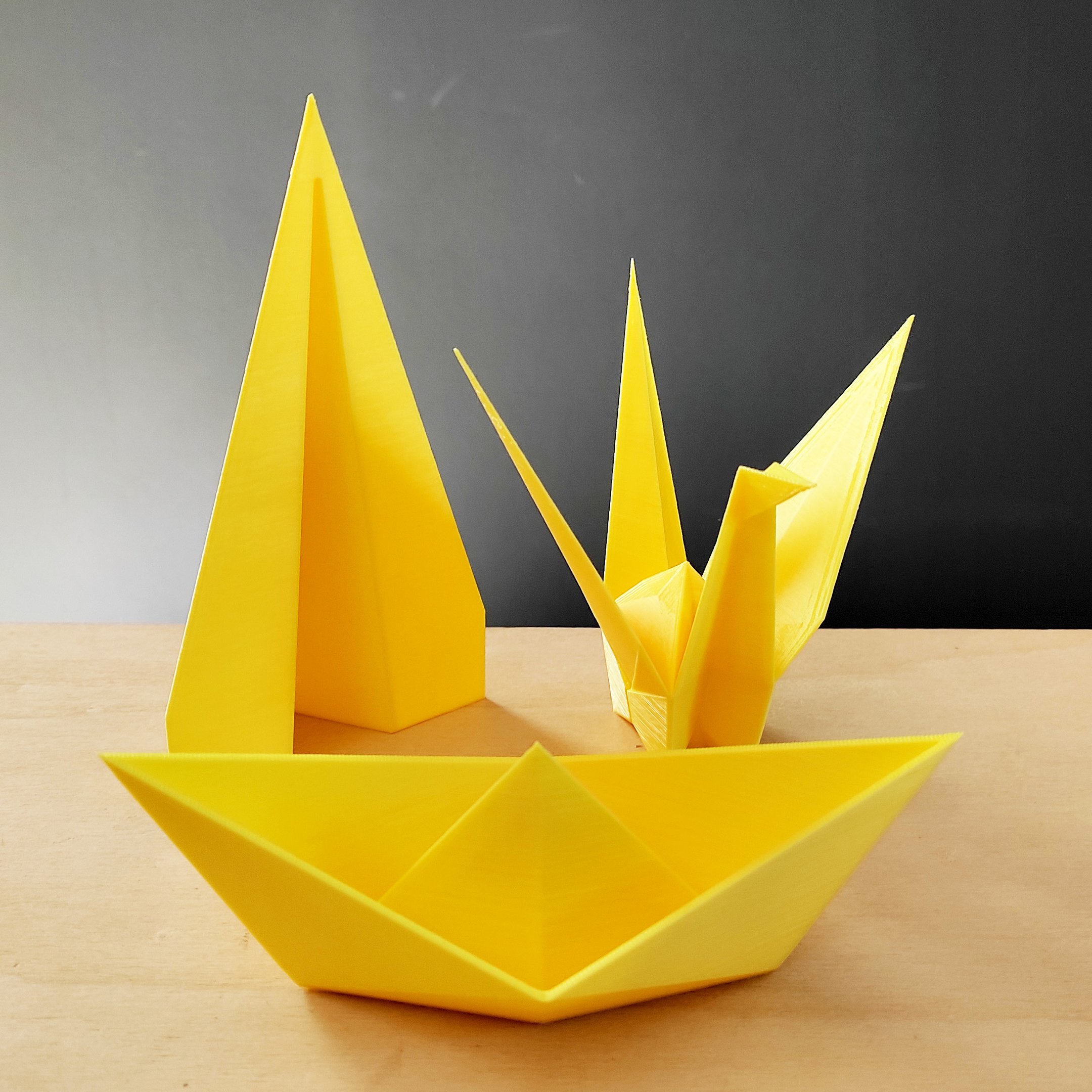 Trio Origami M - Pássaro Tsuru, Avião E Barquinho / Decoração, Origami 3d - Toque 3D:Amarelo - 3