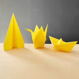Trio Origami M - Pássaro Tsuru, Avião E Barquinho / Decoração, Origami 3d - Toque 3D:Amarelo