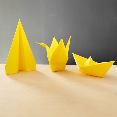 Trio Origami M - Pássaro Tsuru, Avião E Barquinho / Decoração, Origami 3d - Toque 3D:Amarelo