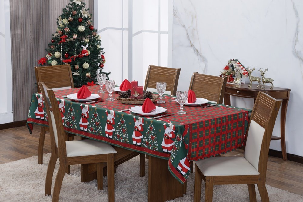 Toalha de Mesa Posta 8 Cadeiras Festas Estampa de Natal 2,80m x 1,40m Papai Noel
