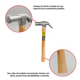 Martelo Unha em Aço Forjado de 25mm e Cabo de Madeira Elite - 4