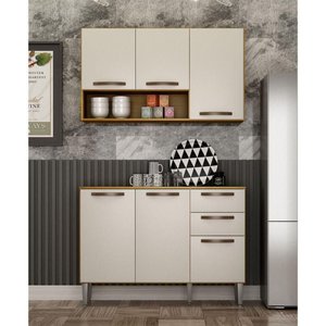 Kit Armário de Cozinha Alba Aéreo e Balcão 3 Portas Cinamomo/off White