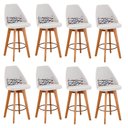Ver imagem 1 de Kit 08 Banquetas Alta Maya Giratória Com Encosto Gourmet Linho Bege e Almofada Linhas Coloridas -
