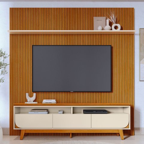Rack para Sala com Painel Ripado para TV 75 pol Lavine M07 Cinamomo Off White - Lyam Decor