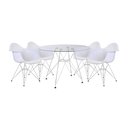 Ver imagem 1 de Mesa de Jantar Eames Eiffel Vidro Redonda 110cm com 4 Poltronas Brancas Ferro Branco