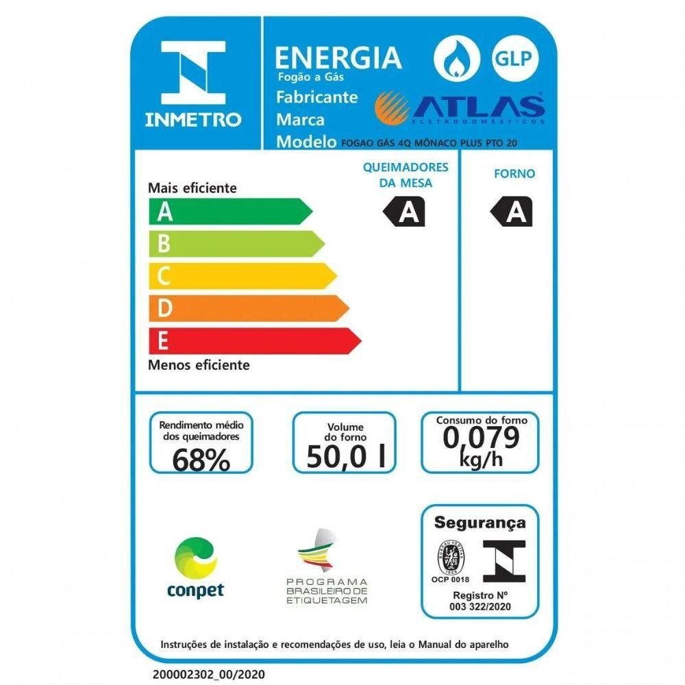 Fogão 4 Bocas Atlas Mônaco Plus Preto com Mesa Inox - Bivolt - 6