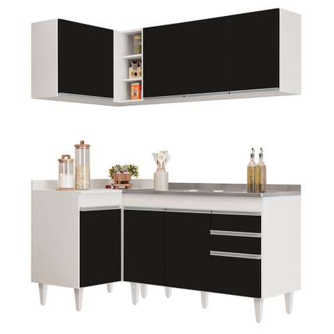 Armário de Cozinha Modulado de Canto Direito 4 Peças Cp39 com Pia Inox Branco/preto - Lumil Lumil Mó