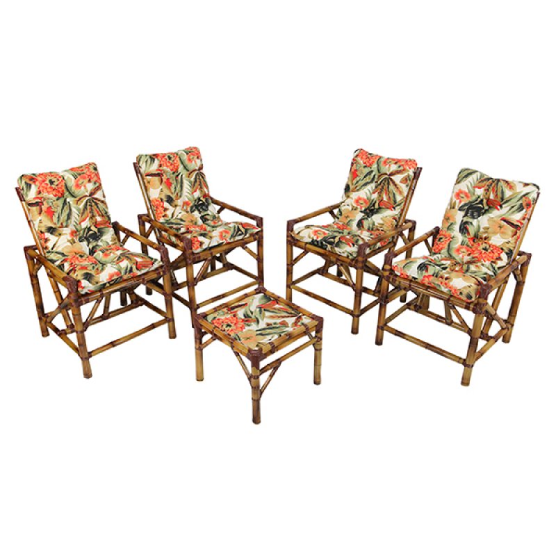 Kit Cadeiras de Bambu 4 Lugares com Almofadas Flores Laranja - 1