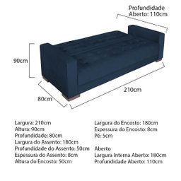 Sofá Cama 3 Lugares Jobim Suede - Doce Sonho Móveis SOFÁ CAMA SOFÁ 3 LUGARES Azul Marinho - 3