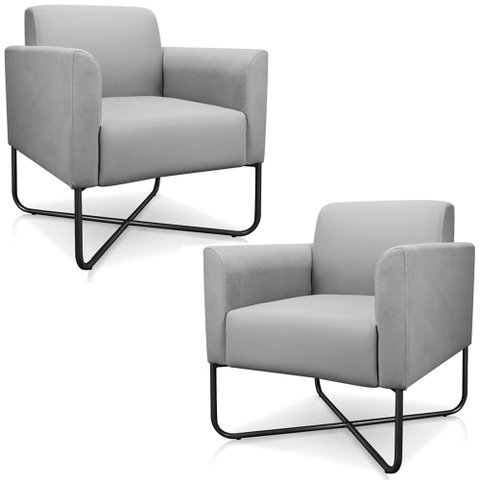 Kit 2 Poltronas Decorativas Isabella Base X Suede Cinza/Preto - Gran Belo