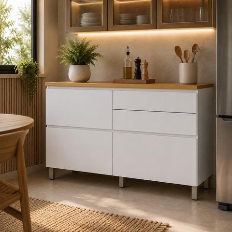 Balcão de Cozinha Rainha 1 Porta Basculante 4 Gavetas MDF Branco/Nature - Nesher