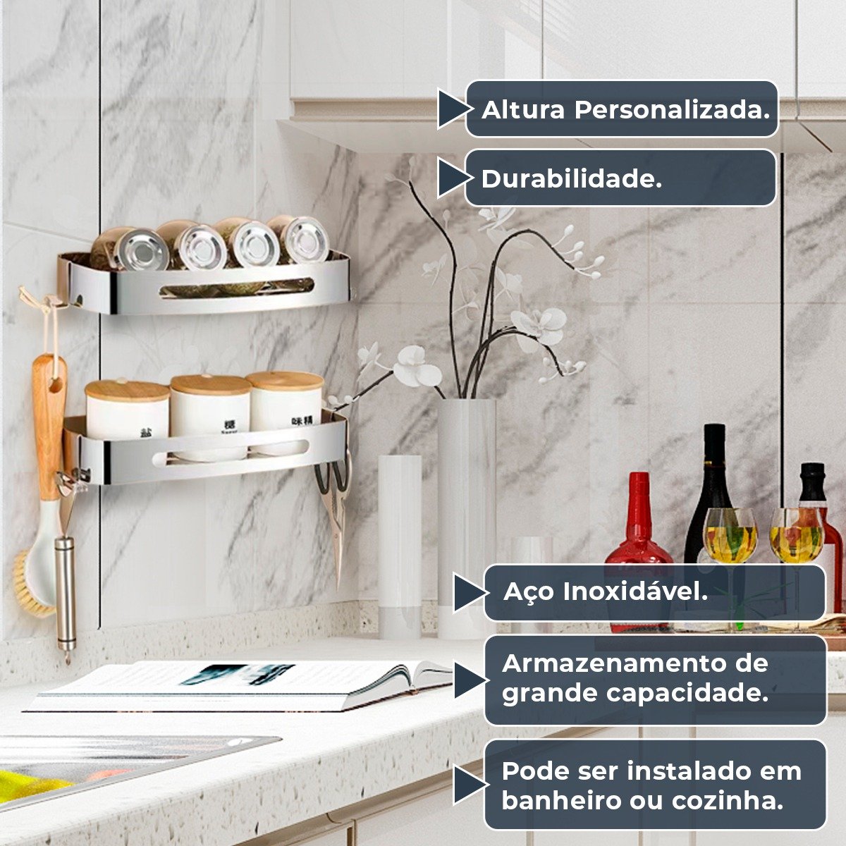 Suporte Shampoo Retangular Parede Banheiro Aço Inox Cromado - 10