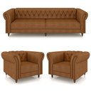 Ver imagem 2 de Conjunto Sala de Estar 1 Sofá Living 240cm e 2 Poltronas Stanford Chesterfield Pés Madeira Couro Mel