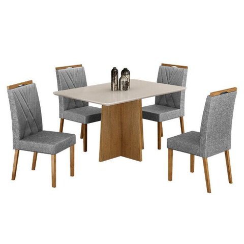 Mesa de Jantar Jade 120x80cm Cinamomo Off White com 4 Cadeiras Lara Linho Prata - Valdemóveis