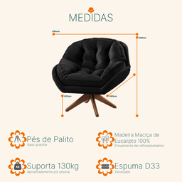 Poltrona Decorativa Pillow Top com Base Giratória Veludo Califórnia Preto - Sofá Casa - 4
