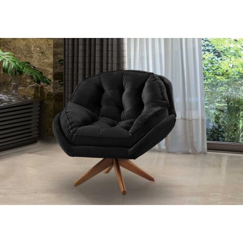 Poltrona Decorativa Pillow Top com Base Giratória Veludo Califórnia Preto