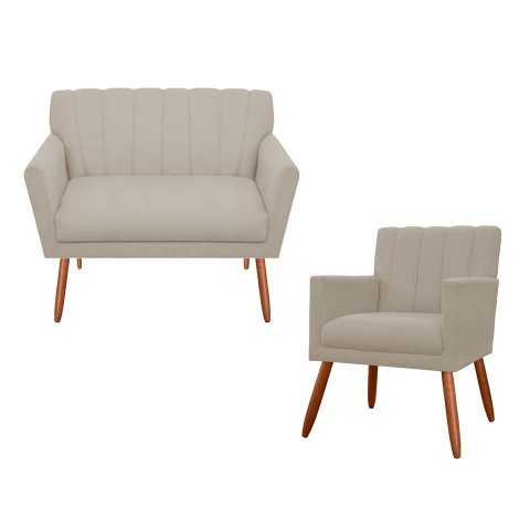 Kit Namoradeira + 1 Poltrona Decorativa Cecília Suede Bege Pés Madeira Mz Decor