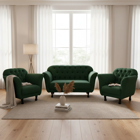 Kit Namoradeira + 2 Poltronas Decorativa Dália Suede Verde Pés Madeira Mz Decor
