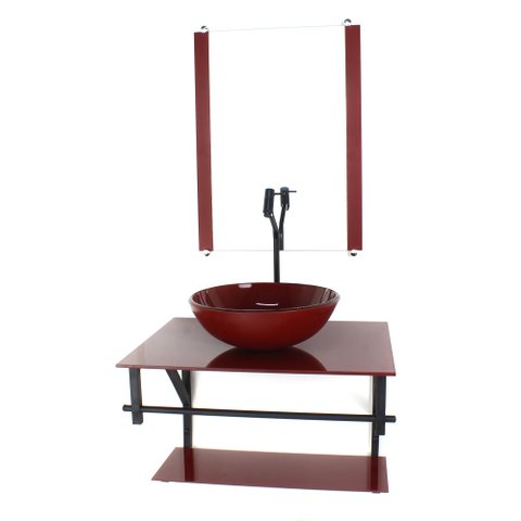 GABINETE DE VIDRO PARA BANHEIRO 60CM AP CUBA REDONDA VERMELHO CEREJA FULL COM TORNEIRA PRETA