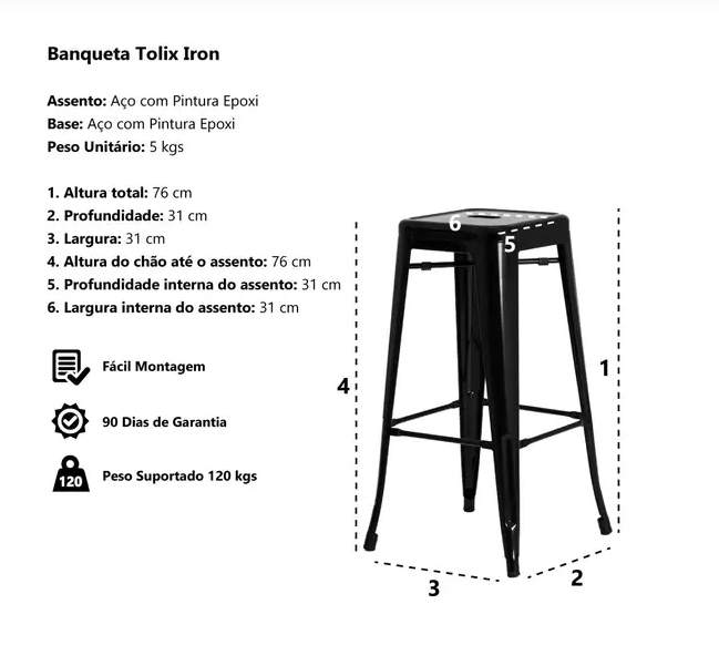 Kit c/2 Banqueta Tolix Iron Design Industrial 76 cm Aço Cozinha Bar Bistrô Bancada Preta - 2