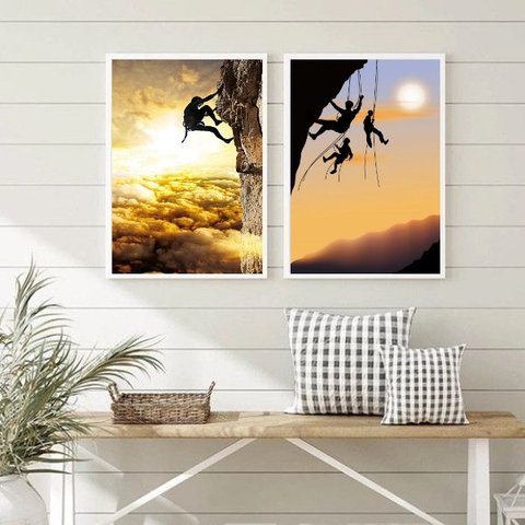 Kit 2 Quadros Decorativos Montanhismo Escalada 45x34cm:madeira Branca
