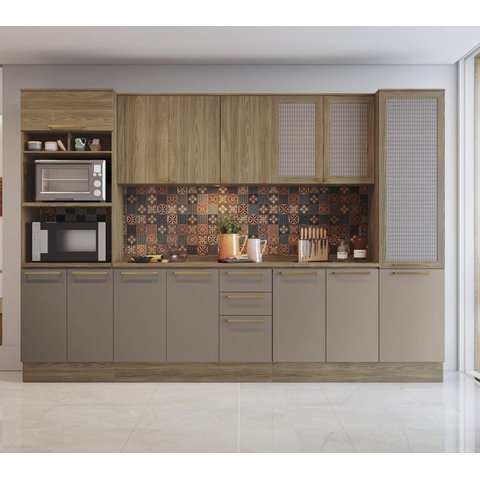 Armário de Cozinha Modulada Completa Reta 8 Peças 3,20m Botanic Kappesberg - Nogueira/Fendi