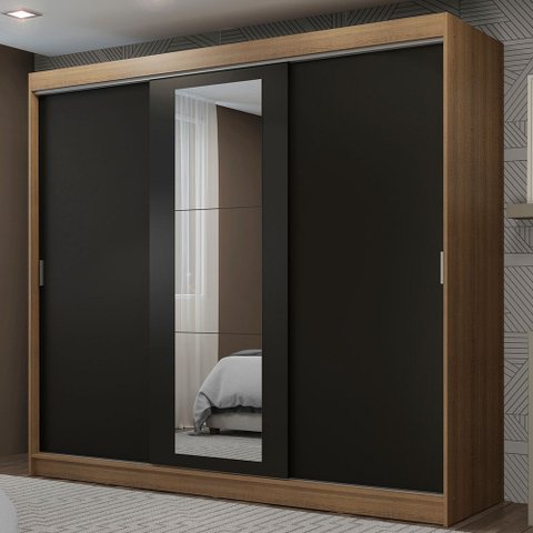 Guarda-Roupa Casal Madesa Kansas 3 Portas de Correr com Espelho 3 Gavetas Rustic/Preto Cor:Rustic/Pr