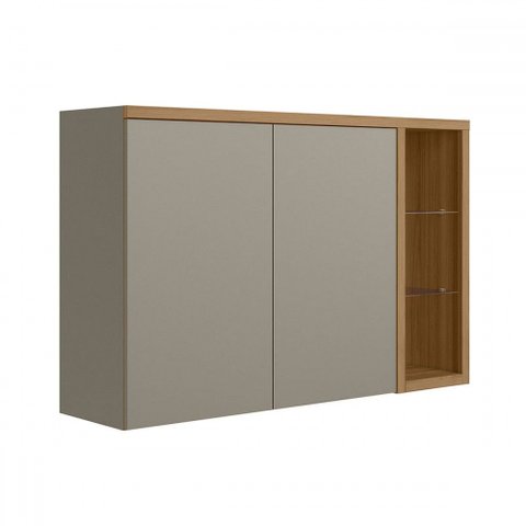 Armário Aéreo Cozinha 120 Cm Renard 2 Portas com Vidro e Led 100% Mdf Jequitibá/gris Fosco - Pnr Móv