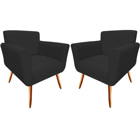 Kit 2 Poltronas Decorativa Sabrina Couro Preto Pés Madeira Mz Decor
