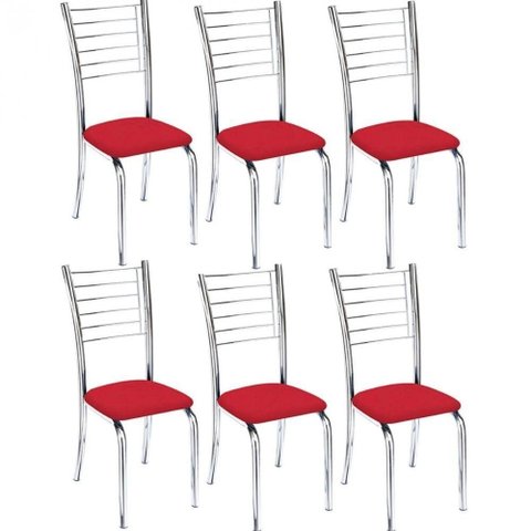 Kit 6 Cadeiras de Jantar Lara Cromada para Cozinha Assento Sintético Vermelho - Aurora Line