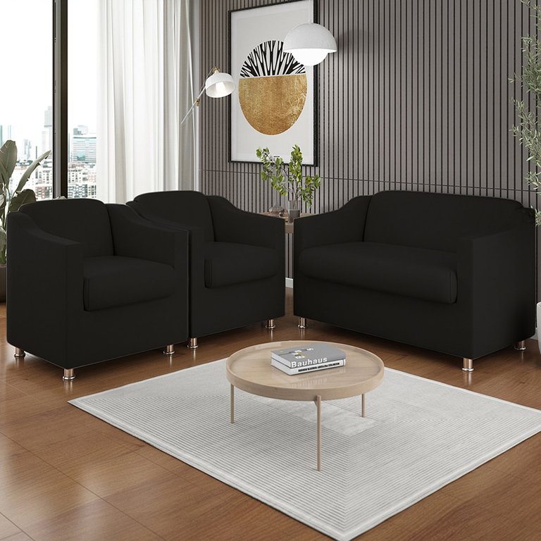 Kit 2 Poltronas Decorativas Tilla + Namoradeira Sala De Estar Cor:Preto