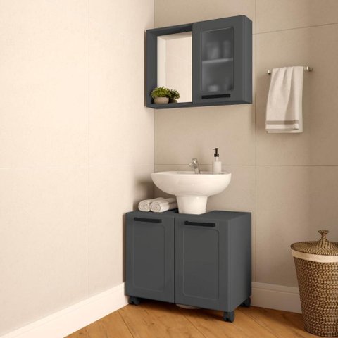 Conjunto para Banheiro 70cm Gabinete e Aéreo Multi Bertolini - Grafite