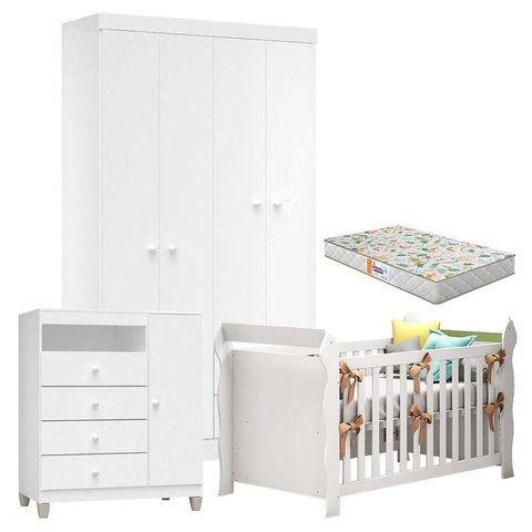 Quarto de Bebê 4 Portas Ternura Baby com Berço Lara Branco Brilho com Colchão Gazin - Incorplac