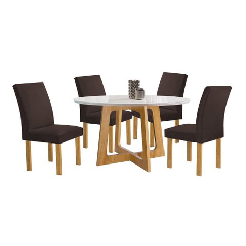 Conjunto Mesa Arizona 120cm com 4 Cadeiras Canela Tampo Redondo Plus com Vidro
