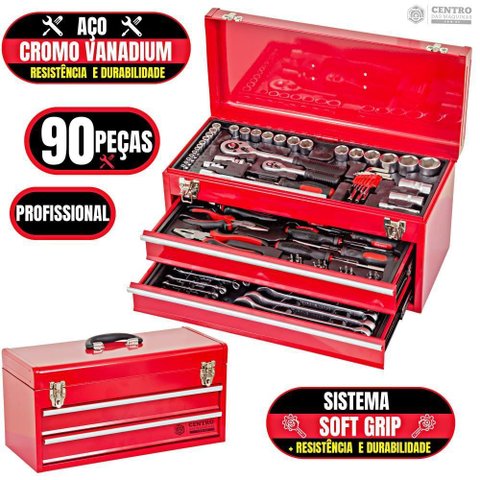 Kit de Ferramentas P/ Mecânicos Caixa C/ 90 Peças Jfp90m