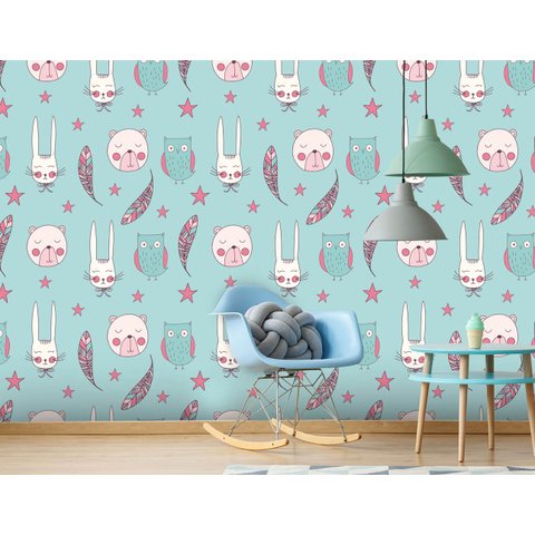 Papel de Parede Infantil - Coruja, Coelho e Urso 2 Arte Destaque 2 Metros