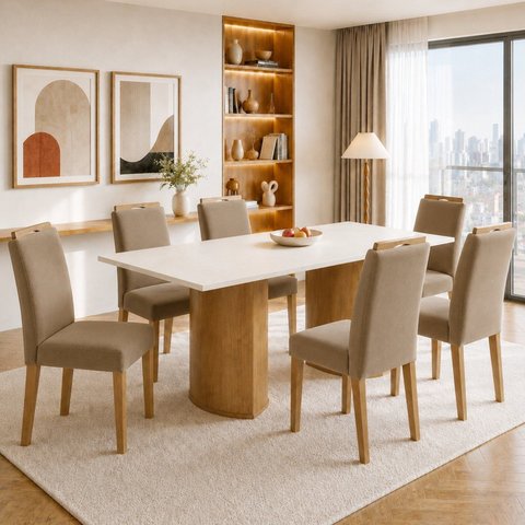 Conjunto Sala de Jantar 6 Lugares Mesa 160x80cm Isla e Cadeiras Lyra Cinamomo e Off White