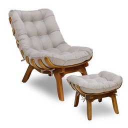 Kit Poltrona + Puff Costela Decoração Descanso Suede Creme - 1