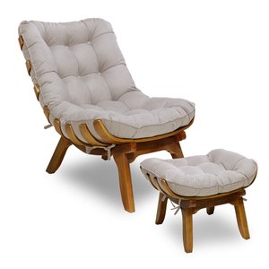 Kit Poltrona + Puff Costela Decoração Descanso Suede Creme