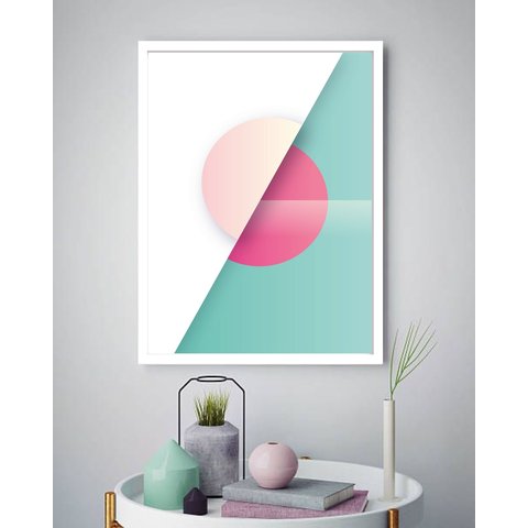 Quadro Decorativo Abstrato Geométrico Branco Verde -70x50cm:moldura Branca