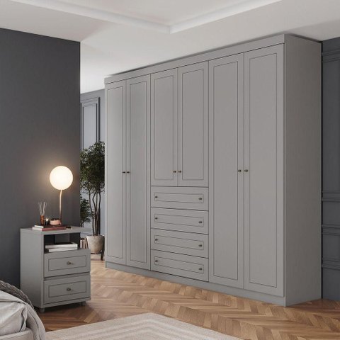 Quarto Casal Guarda Roupa 6 Portas 8 Gavetas Amy 262cm Cinza Casa 812