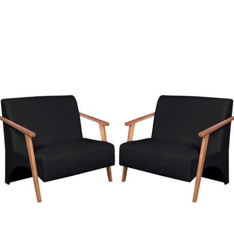 Kit 2 Poltronas Namoradeira Venus Braço Madeira Maciça Tecido Sintético Unidecor Preto