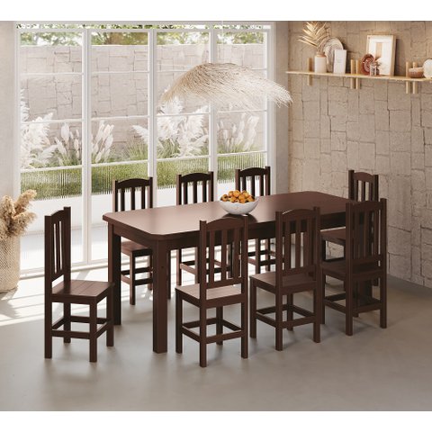 Conjunto Mesa de Madeira Maciça Castanho 200x88+ 8 Cadeiras Sfa